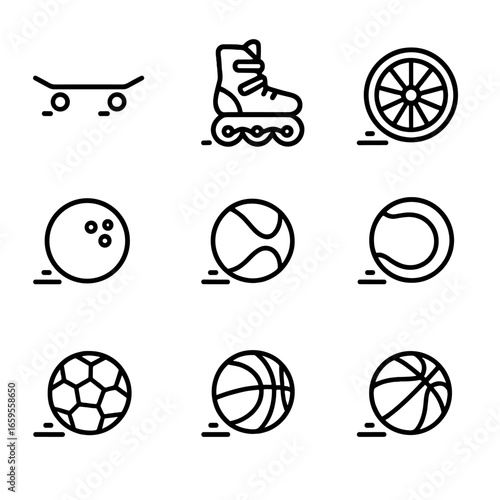 Rolling Sports Icons. Outline icon set of rolling sports: rolling skateboard, rolling rollerblades, rolling bicycle wheel, rolling