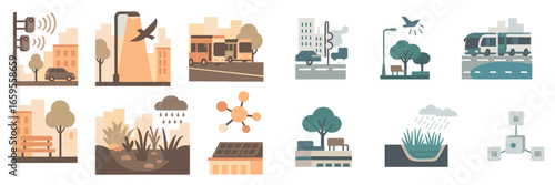 Modern urban elements in vector design showcasing city life