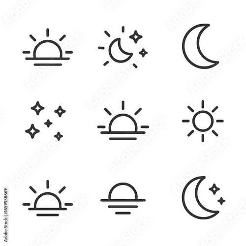 Roosting Time Icons. Outline icon set of roosting times: sunset, night sky, moon, stars, dawn, twilight, daybreak, dusk, midnight.