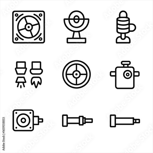 Rotation Control Icons. Outline icon set of rotation control actuators: reaction wheel assembly, control moment gyro, magnetic