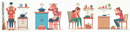 Cartoon Illustration of Stressed Woman in Kitchen Having a Cooking Disaster