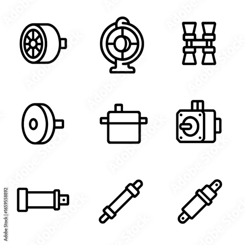 Rotation Control Icons. Outline icon set of rotation control actuators: reaction wheel assembly, control moment gyro, magnetic