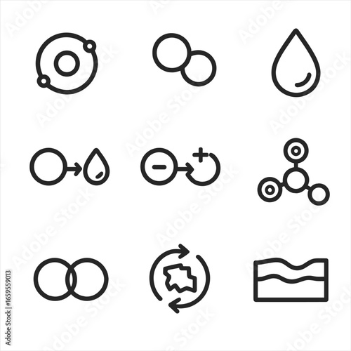 Rust Process Icons. Outline icon set of rust chemical process: iron atom, oxygen molecule, water drop, oxidation reaction,