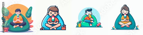 Cartoon Style Illustration of People Relaxing on Beanbag Characters