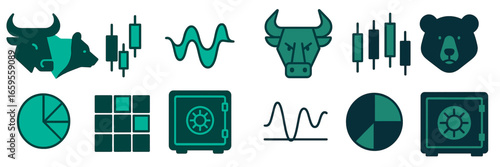 Vector illustration of financial symbols and concepts in teal blue