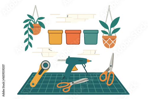 Crafting tools and potted plants in a creative workspace