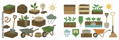 Gardening tools and nature elements for planting and growth