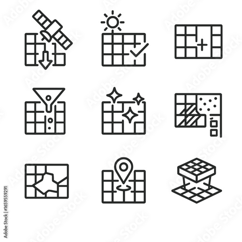 Satellite Icon Set. Outline icon set of satellite image processing: data download, image correction, stitching, filtering,