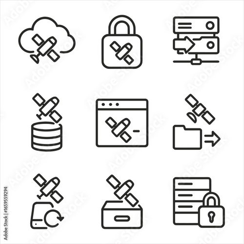 Satellite Data Icon Set. Outline icon set of satellite image sharing and storage: cloud storage, data encryption, FTP transfer,