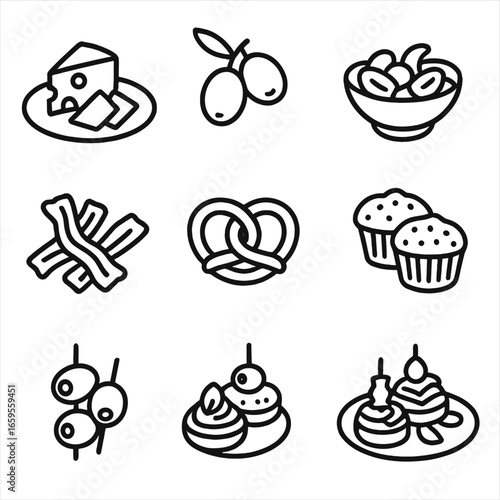 Savory Snack Icons. Outline icon set of savory snacks: cheese platter, olives, nuts mix, bruschetta, meat jerky, pretzels, savory