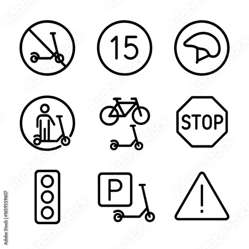 Scooter Safety Icon Set. Outline icon set of scooter rules and signs: no riding, speed limit, helmet required, pedestrian zone,