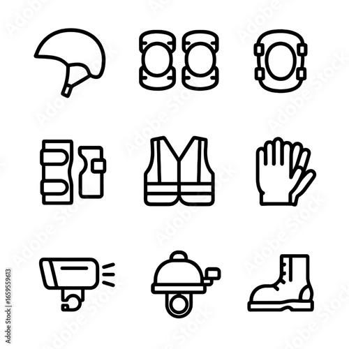 Scooter Safety Gear Icons. Outline icon set of scooter safety gear: helmet, knee pads, elbow pads, wrist guards, reflective vest,