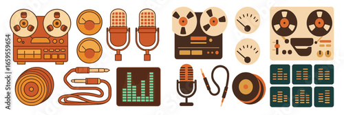 Vintage music equipment and audio recording tools graphic design
