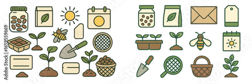 Vector illustration of gardening tools and nature elements in greenery