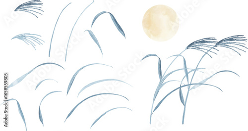 水彩で描いたススキのシルエットと満月の素材イラスト