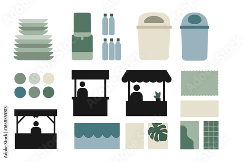 Vector illustration of market stalls and waste management elements