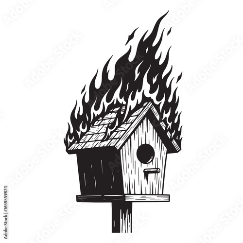 A burning birdhouse illustration depicting concepts of destruction and symbolic loss on white background