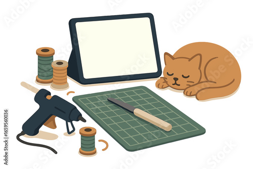 Crafting workspace with tools and relaxed cat at home
