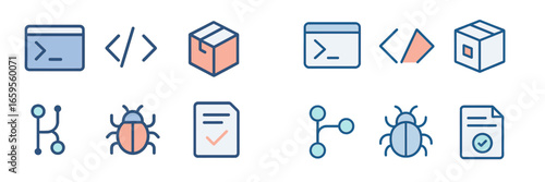Vector illustration of coding, bugs, and package design elements