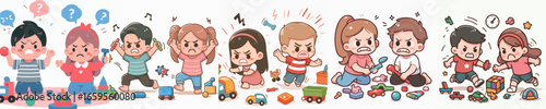 Cute Cartoon Angry Kids Arguing Over Toy Set Illustration