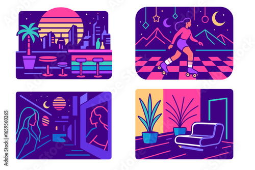 Colorful vector illustrations of urban nightlife and retro activities