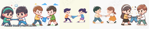 Colorful Cartoon Children Playfully Compete in a Tug of War Game Illustration