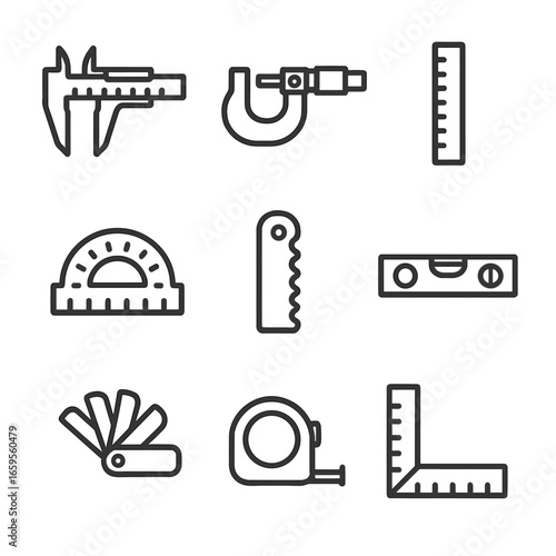 Sheet Metal Tools Icons. Outline icon set of sheet metal measuring instruments: caliper, micrometer, ruler, protractor, gauge,
