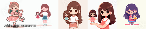 Cute Cartoon Style Girl Holding Doll Character Illustration Set