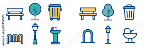 Vector illustration of park elements including benches and trees