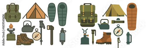 Camping gear collection with tents, backpacks, and outdoor essentials