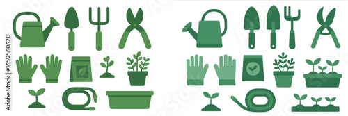 Gardening tools and supplies illustrated in a vector style