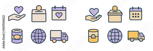 This vector illustration features a variety of donation-related icons