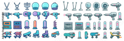 Retro-futuristic vector art of sci-fi gadgets