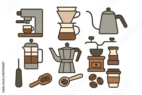 Coffee brewing tools and accessories in vector illustration style