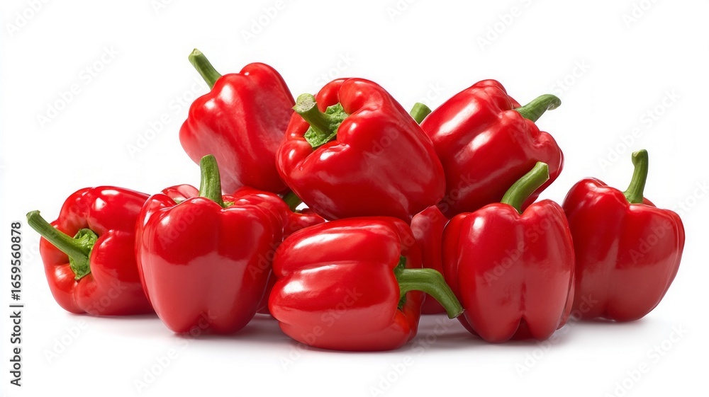 Vibrant red bell peppers on white background. Artificial intelligence image Vibrant red bell peppers on white background. Artificial intelligence image