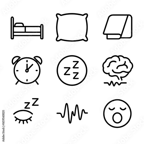 Sleep Icon Set. Outline icon set of sleep and dreaming: bed, pillow, blanket, alarm clock, sleep cycle, REM phase, brain waves,