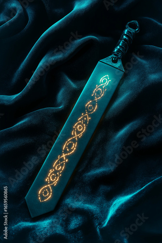 Elegant runic bookmark emitting gentle mystical light, minimalist composition on smooth dark surface, high-detail fantasy illustration.