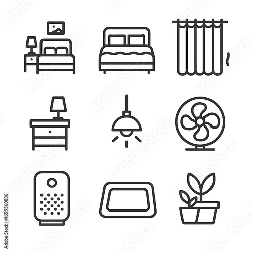 Sleep Environment Icons. Outline icon set of sleep environment: bedroom, cozy bed, blackout curtains, bedside table, ambient