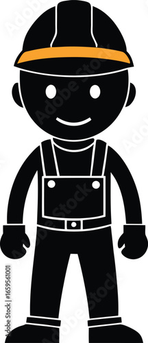 Vector illustration of a smiling worker in overalls and hard hat
