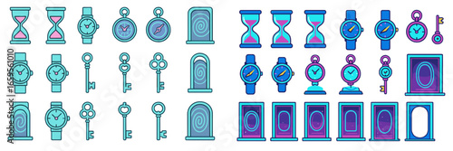 Vector illustration of clocks, keys, and hourglasses in a modern style