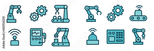 Vector illustration of industrial robots and automation icons