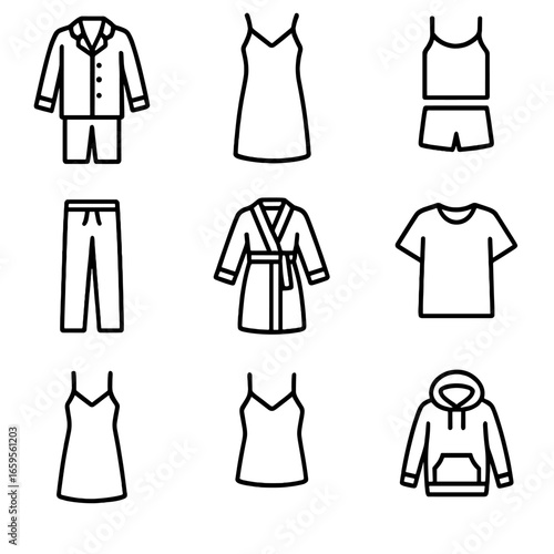 Sleepwear Icons Collection. Outline icon set of sleepwear styles: button-up pajama, nightgown, tank top and shorts set, sleep