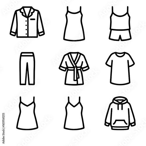 Sleepwear Icon Collection. Outline icon set of sleepwear styles: button-up pajama, nightgown, tank top and shorts set, sleep pants