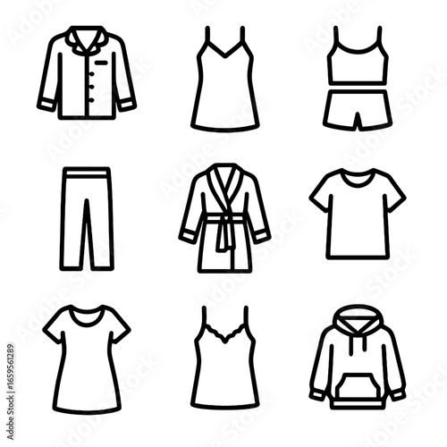Sleepwear Icon Set. Outline icon set of sleepwear styles: button-up pajama, nightgown, tank top and shorts set, sleep pants, silk