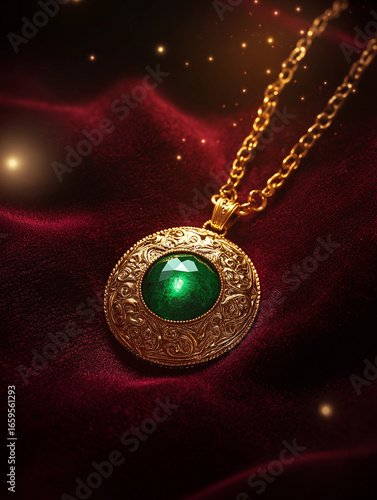 Golden amulet with intricate carvings and glowing green emerald on red velvet, minimalist fantasy digital art emphasizing texture, light, and magical aura