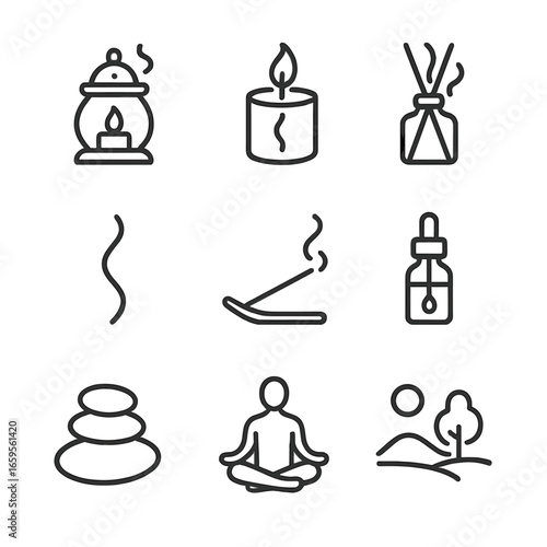 Smoky Fragrance Icons. Outline icon set of smoky fragrance and ambiance: incense burner, scented candle, diffuser, smoke trail,