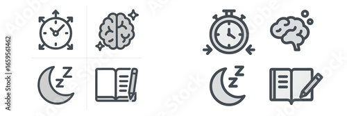 Vector illustrations depict time management and cognitive concepts