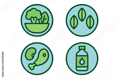Illustrated icons representing food groups and hydration concepts