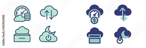 Cloud computing symbols for data transfer and storage operations
