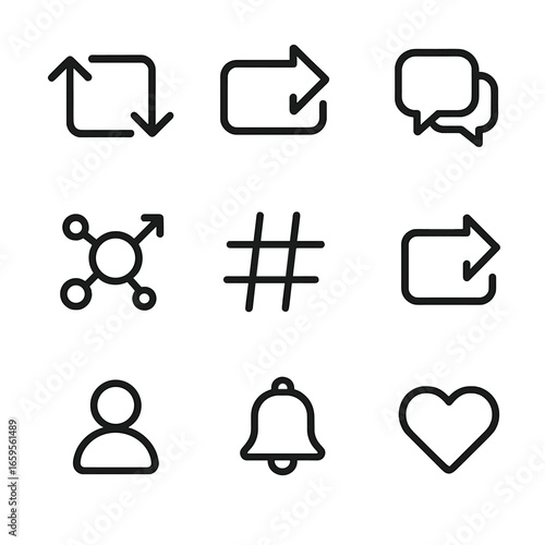 Social Media Icons. Outline icon set of echo in social media: retweet, repost, comment thread, viral content, hashtag, shared post